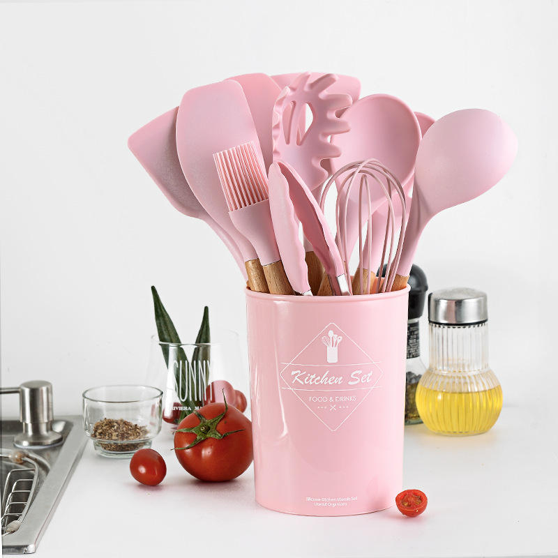 Kingwise Competitive Price OEM Kitchen Ware Non Stick Wood Handle 12-Piece Pink Silicone Dishwasher Safe Cooking Utensil Set