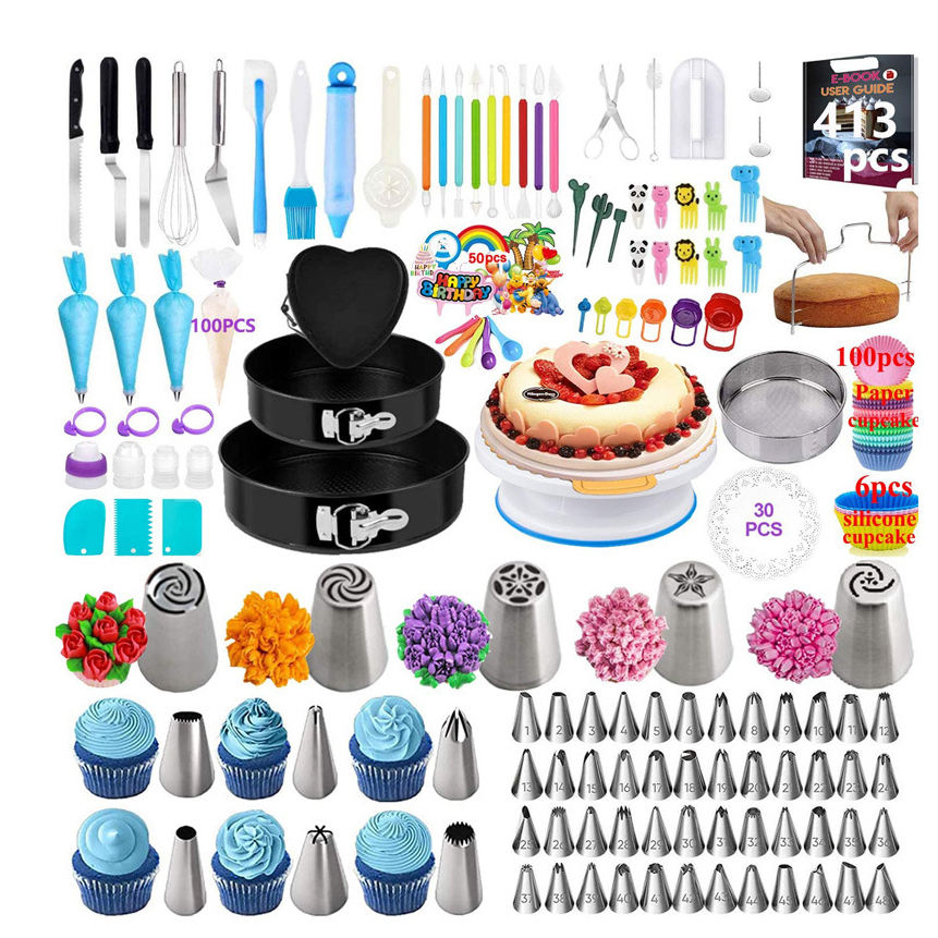 Kingwise Wholesale Bakeware Christmas Cake Turntable Stand Supplies Kits 413 PCS Cake Decorating Baking Tool Set
