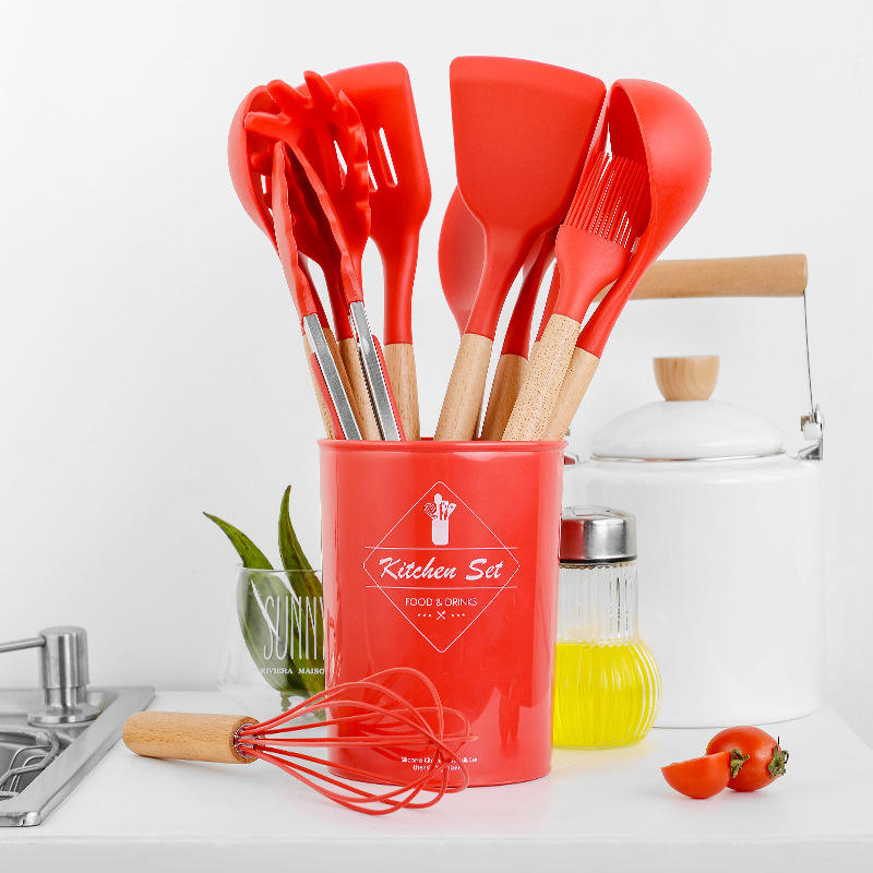 SIlicone Kitchenware Sets Manufacturers Cooking Tools 12 Pcs De Cozinh Reusable Kitchen Spatula  Utensil Set with Storage Rack