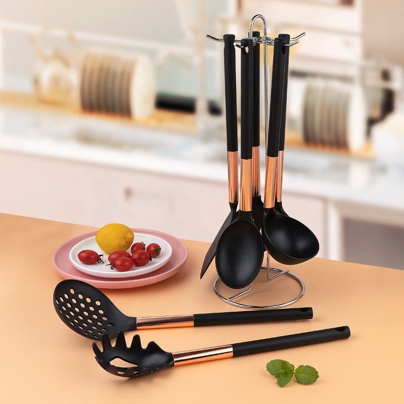 Kingwise Best Seller Durable Stainless Steel Rose Gold 7-Piece Nonstick Nylon Cooking Set Hand Turners Pasta Kitchen Accessories