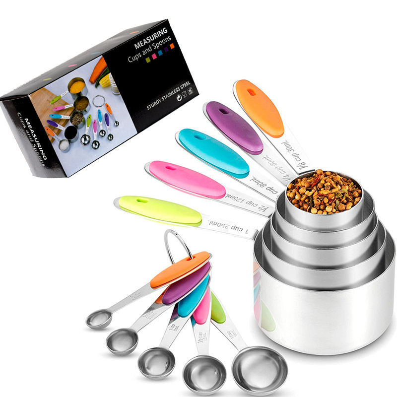 Kingwise Top Seller Kitchen Baking Measuring Tools Colorful  Measuring Spoon 10 Pcs Silicone Handle Measuring Spoon and Cup Set