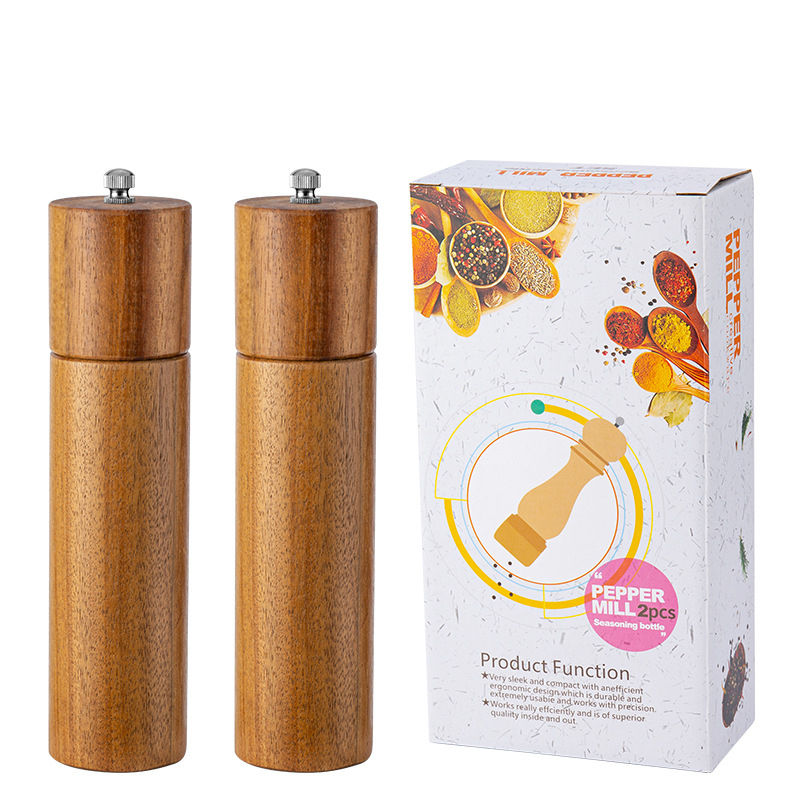 Kingwise Luxury 8 Inch Manual Adjustable Ceramic Core Acacia Wood Pepper Mill Hot Sale Salt and Pepper Shaker Set for Home Use