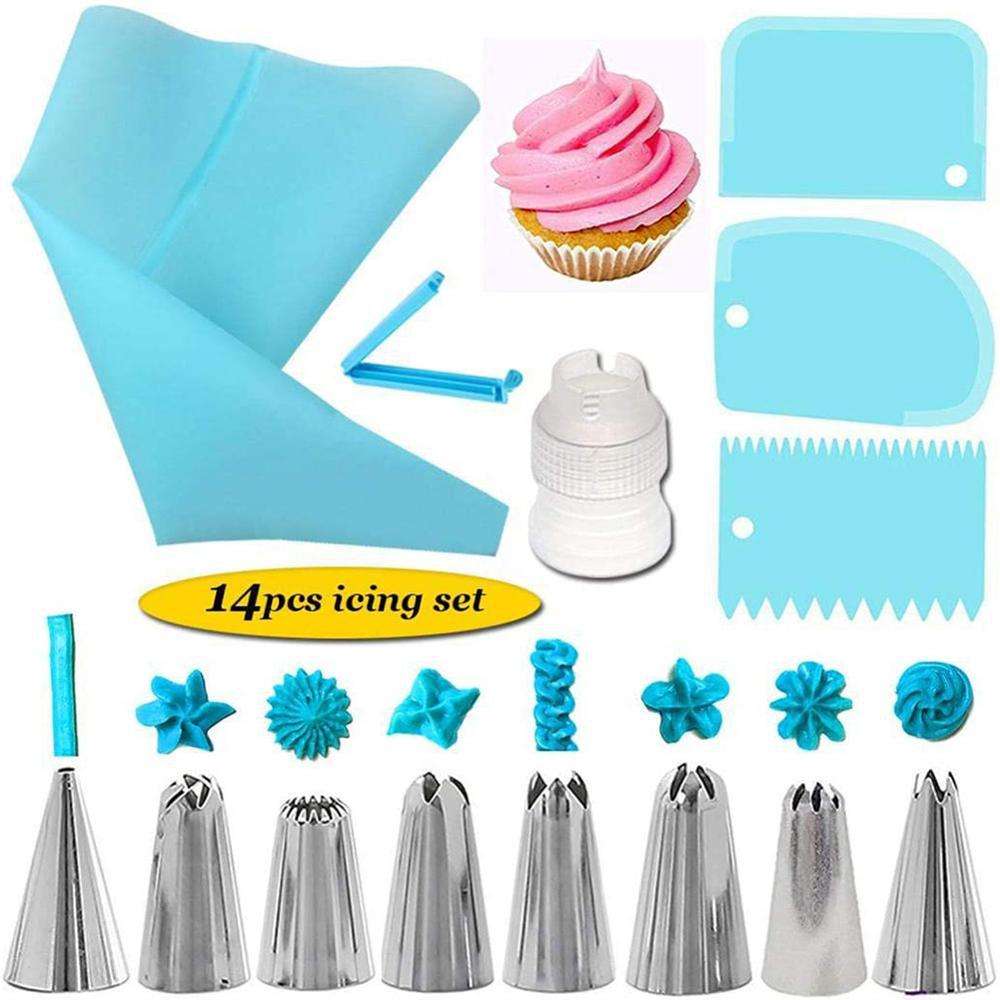 KINGWISE Wholesale Reusable Large Silicone Piping Bag Converter Cake Decorating Tools 14 Pcs Icing Piping Nozzles Set