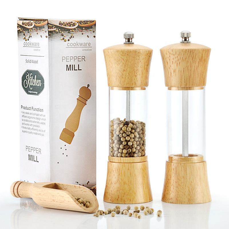 Kingwise Best-Selling Small Durable Wood Acrylic Pepper Mills Grinder Set with Custom Logo Manual Function for Salt & Pepper