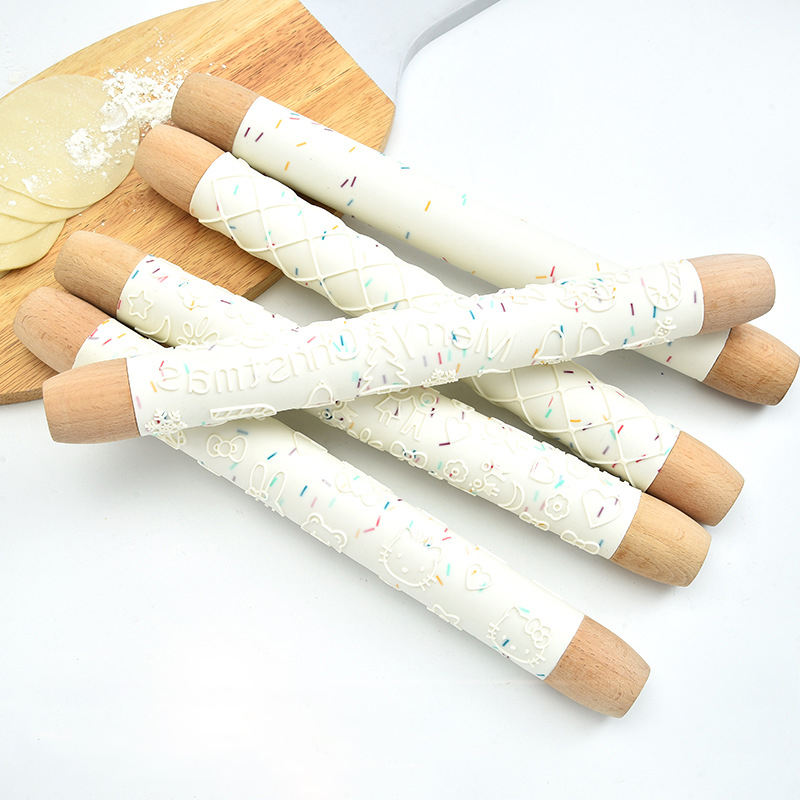 Christmas Beech Wooden Handle Manual Dough Bread Roller Pin Marble Embossed Textured Ceramic Silicone Rolling Pins for Baking
