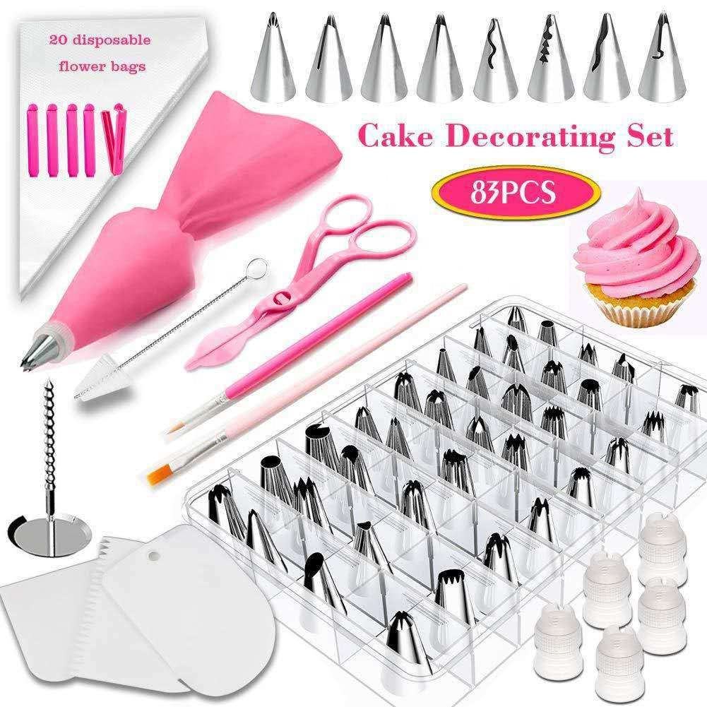 Kingwise Pink 83 Pieces Baking Tools Kit Supplier Disposable Piping Tips Bags Nozzles Scraper Fondant Cake Decorating Set