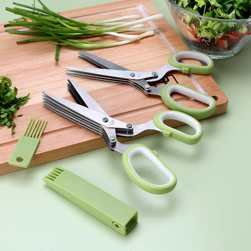 KINGWISE OEM Multi Purpose Rubber Handle Stainless Steel Kitchen Vegetable Shears 5 Blades Herb  Scissors