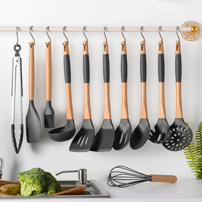 11pcs Eco-friendly Non-Stick Silicone Cooking Utensil Set with Wooden Handle Heat Resistance Kitchen Accessories