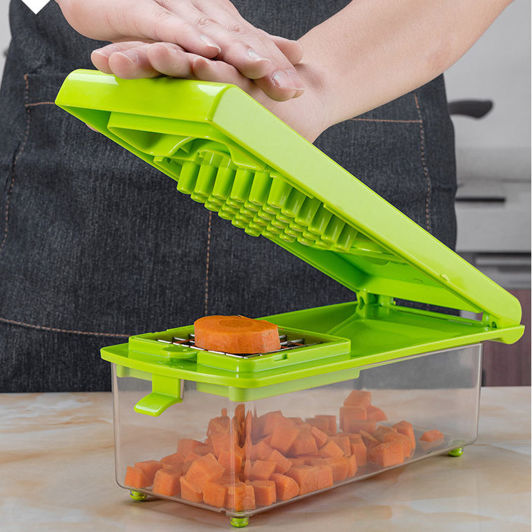 14-Piece Smart Kitchenware Set Hand-Operated Vegetable Chopper Slicer and Dicer with Plastic Container for Cutting Fruit Food