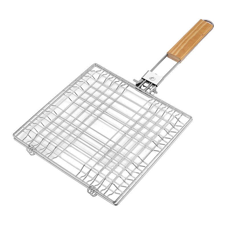 Outdoor Camping Wooden Handle Iron Barbeque Grilling Basket Collapsible Grill Basket Fish Bbq Grill Basket