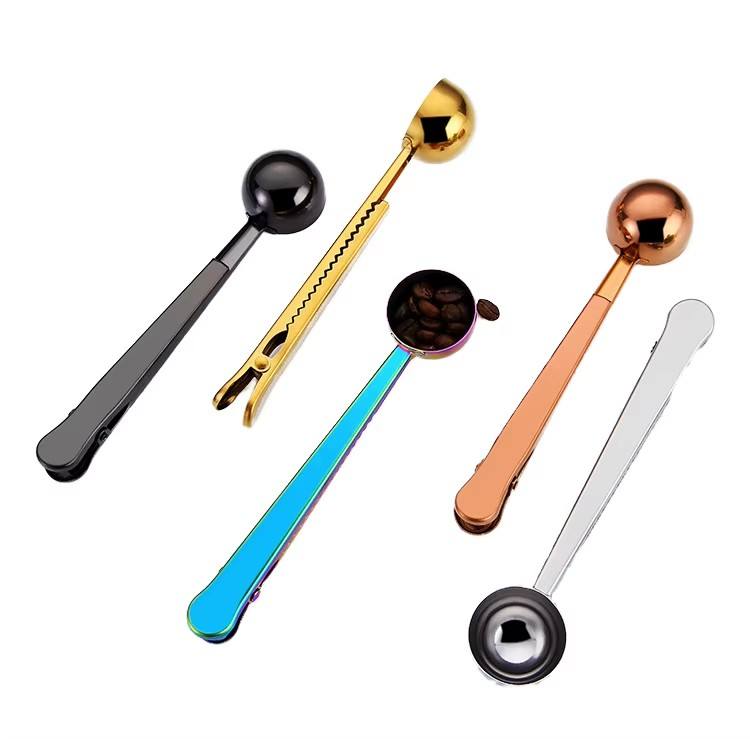 Kingwise Food Grade Metal Scoop Wholesale Baking Tool with Silver Gold Stainless Steel Coffee Measuring Spoon Sealing Clip