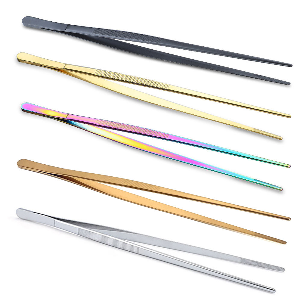Customized Logo Premium Stainless Steel Kitchen Cooking Chef Food Tongs 12 Inch Fine Serrated Tweezer Tongs with Hanging Hook