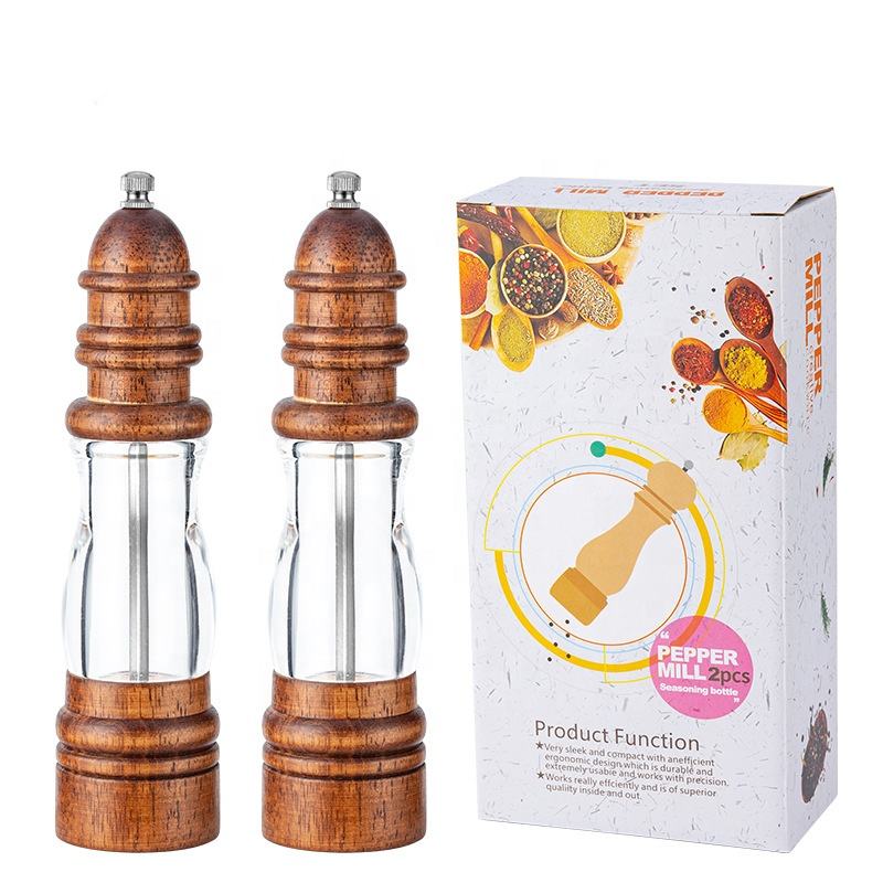 Kingwise Eco-Friendly Wooden Salt & Pepper Grinder with Rotary Knob Manual Operation Dishwasher Safe