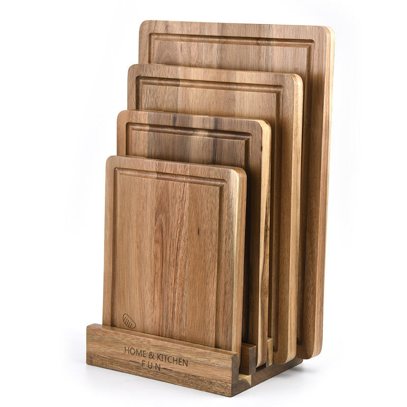 Wholesale 4-Pcs Set of Acacia Wood Eco-Friendly Rectangle Cutting Board & Serving Tray Handle Dishwasher Safe Home Kitchenware