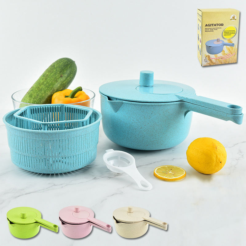 Kingwise Large Quart Kitchen Colander Bowl Eco-Friendly Plastic Salad Dryer Spinner Manual Wheat Straw Tools