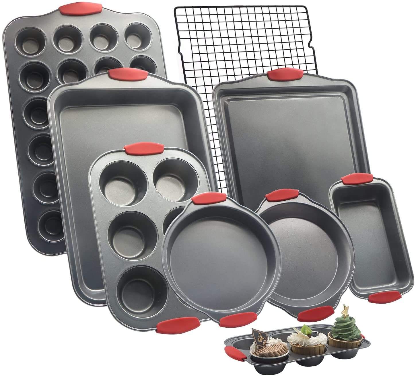 9pcs Aluminum Non-Stick Carbon Steel Baking Pans & Cooling Rack with Silicone Handle Oven Safe Set for Food Commercial Buyers