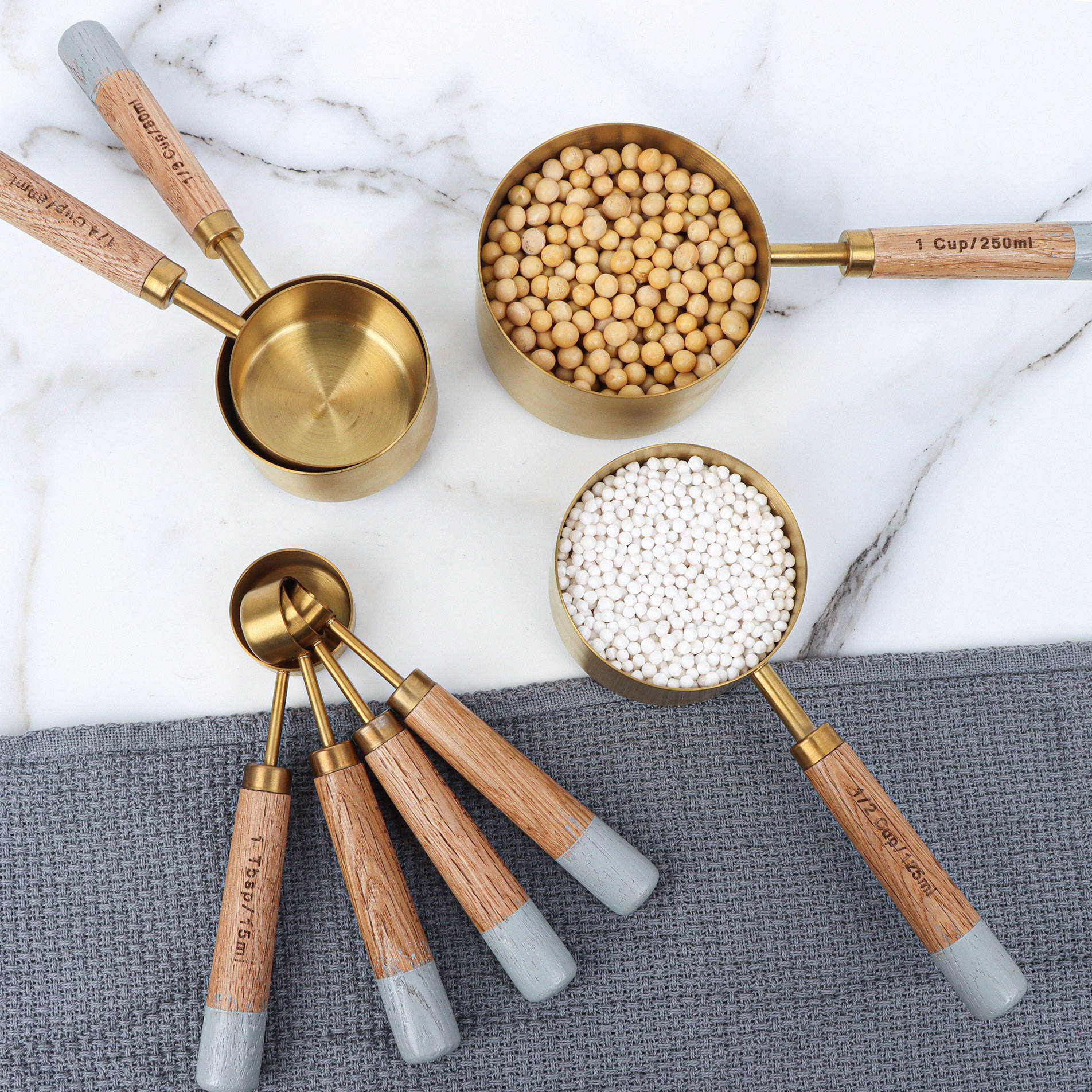 Top Selling Eco-Friendly Stainless Steel Kitchen Measuring Tools Wooden Handle 8-Piece Set Cups Spoons Dishwasher Freezer Safe