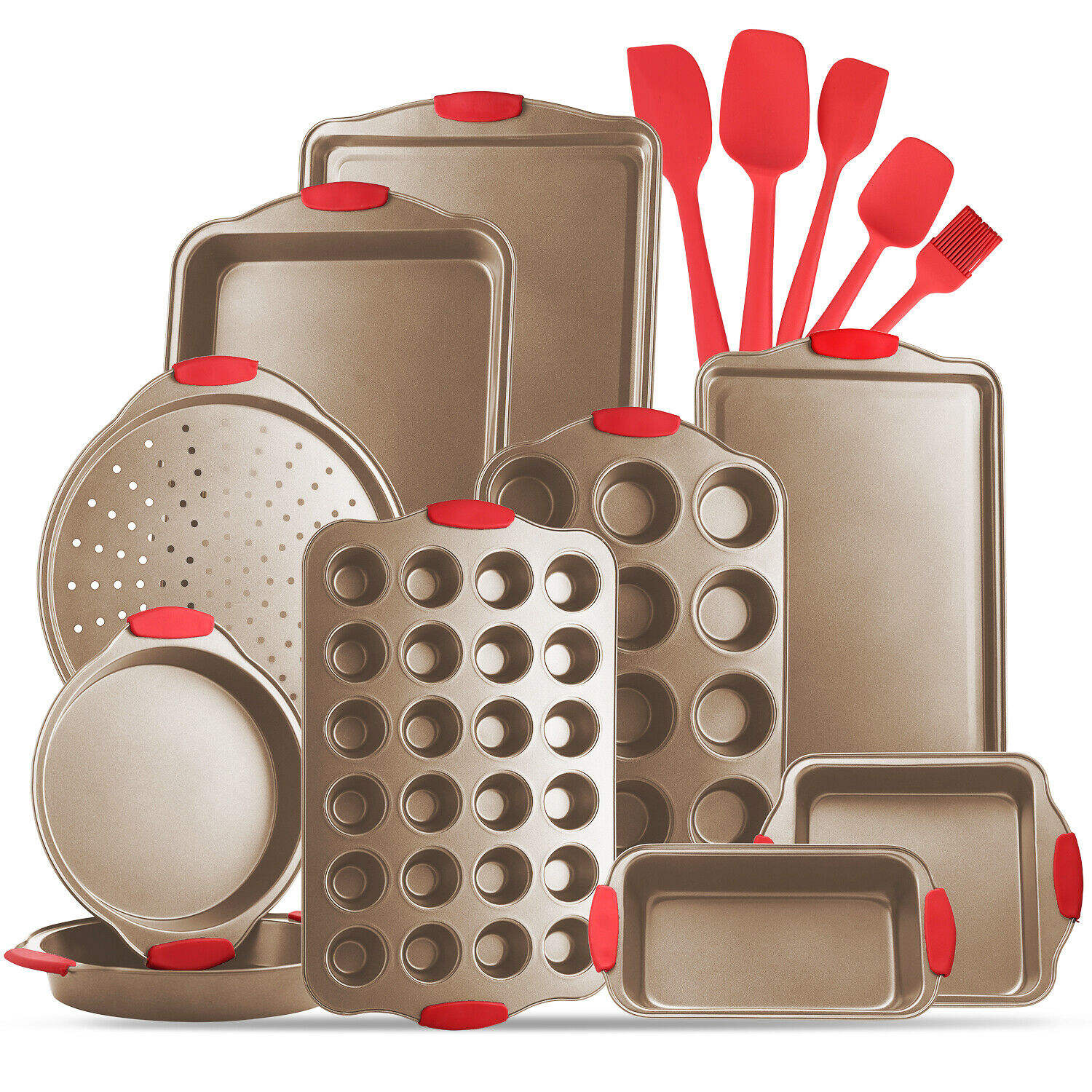 OEM Eco-Friendly 15-Piece Baking Pans Set Nonstick Metal Steel Bakeware Molds Silicone Handle Utensil Gold Oven Safe Square