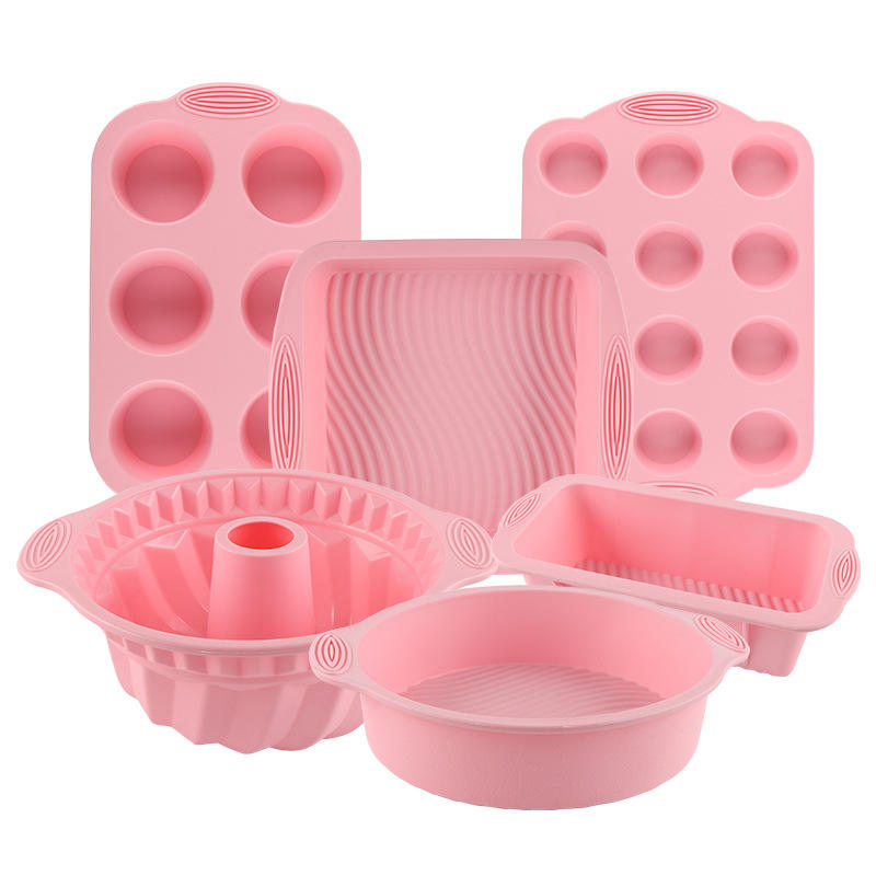 Kingwise Custom Logo 6 Piece Food Grade Silicone Baking Set Pink Cake Baking Tool Cake Mold Pan Silicone Bakeware Set