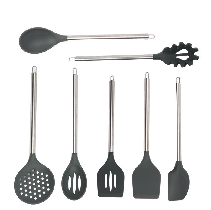 KINGWISE 8-Piece Dark Grey Kitchen Tools Set High Quality Stainless Steel Handle Laddles Silicon Cooking Utensils Cheap Price