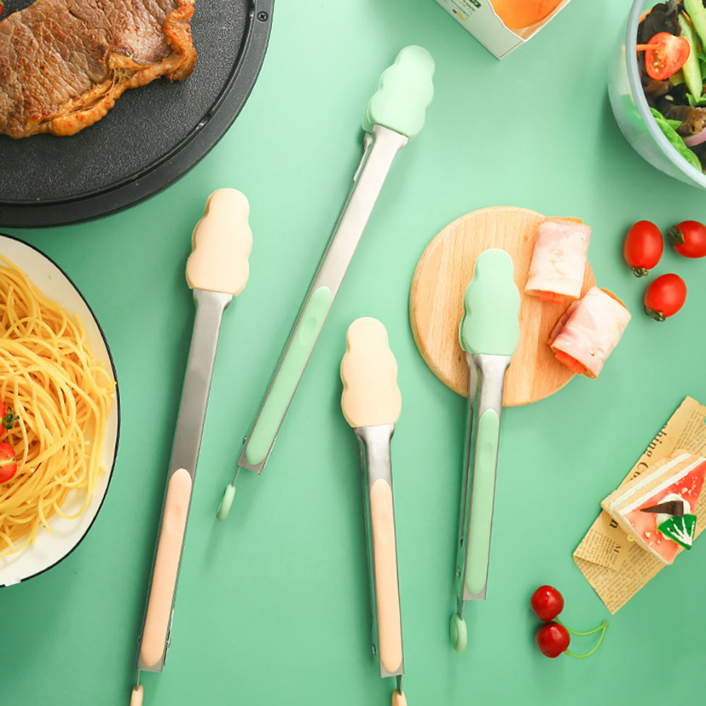 Kingwise 14 Inch Stainless Steel Silicone Macaron Green Frying Tongs Multi-Function Dishwasher Safe Salad Bread BBQ Home Kitchen