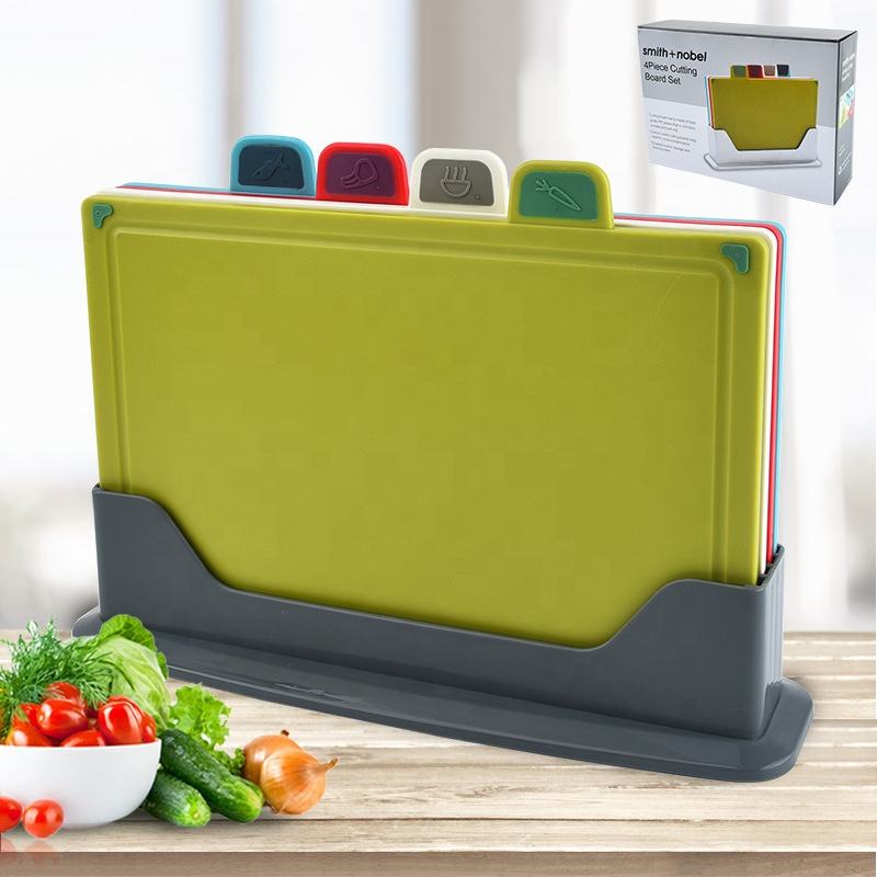 KINGWISE Best Selling Kitchen Accessories 4 Pieces Plastic Index Color Coded Smart Chopping Board with Holder
