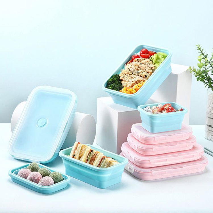 Kiingwise Modern  Foldable Food Grade Silicone Rectangle Lid Food Storage Snack Containers 4 Pieces Silicone Lunch Box Sets