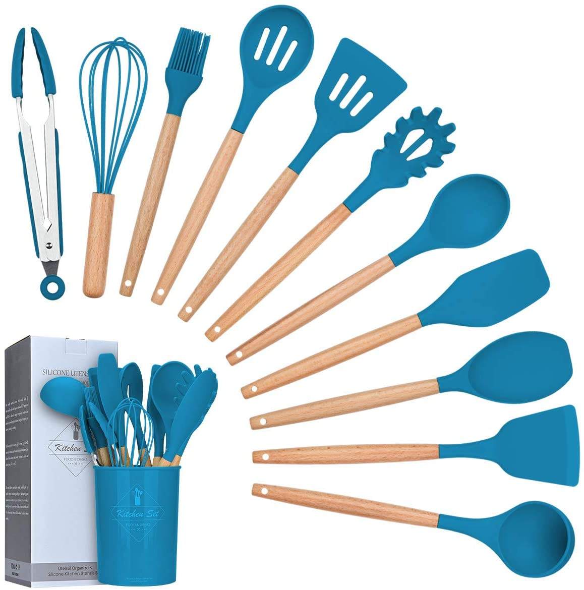 Kingwise 12-Piece Silicone Cooking Tool Set Wood Dishwasher Safe Durable Kitchen Utensils Holder-China's Hot Selling Stocked