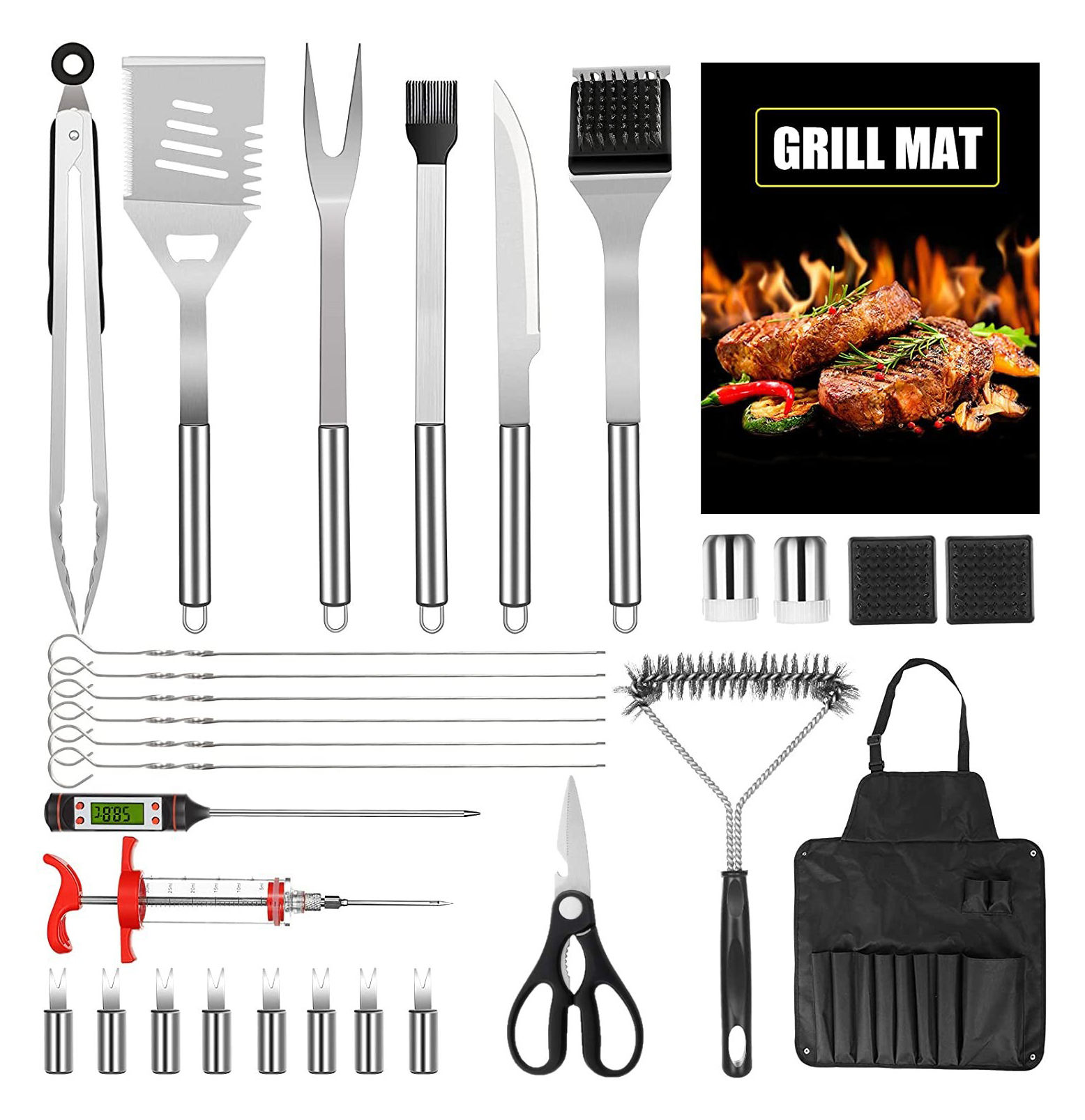 High Quality Outdoor Portable Barbecue Grill Accessories Grilling Utensil Grill Mat 30 Pieces Stainless Steel Barbecue Tools Set
