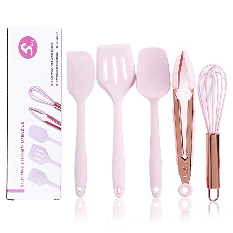 Kingwise 5pcs Kids Kitchen Mini Utensils Set Stainless Steel Rose Gold Handle Includes Silicone Rubber Dishwasher Safe Freezer