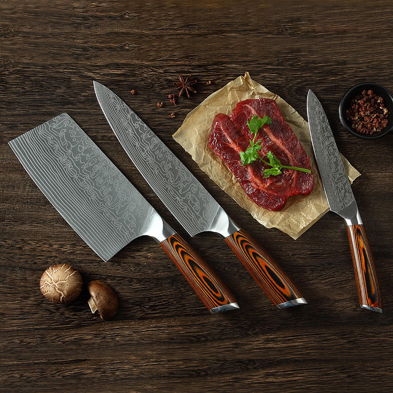 KINGWISE 3-Piece Kitchen Knife Set Stainless Steel Blades Damascus Carbon Steel Laser Cut Chef Steak Knives for Cooking Slicing