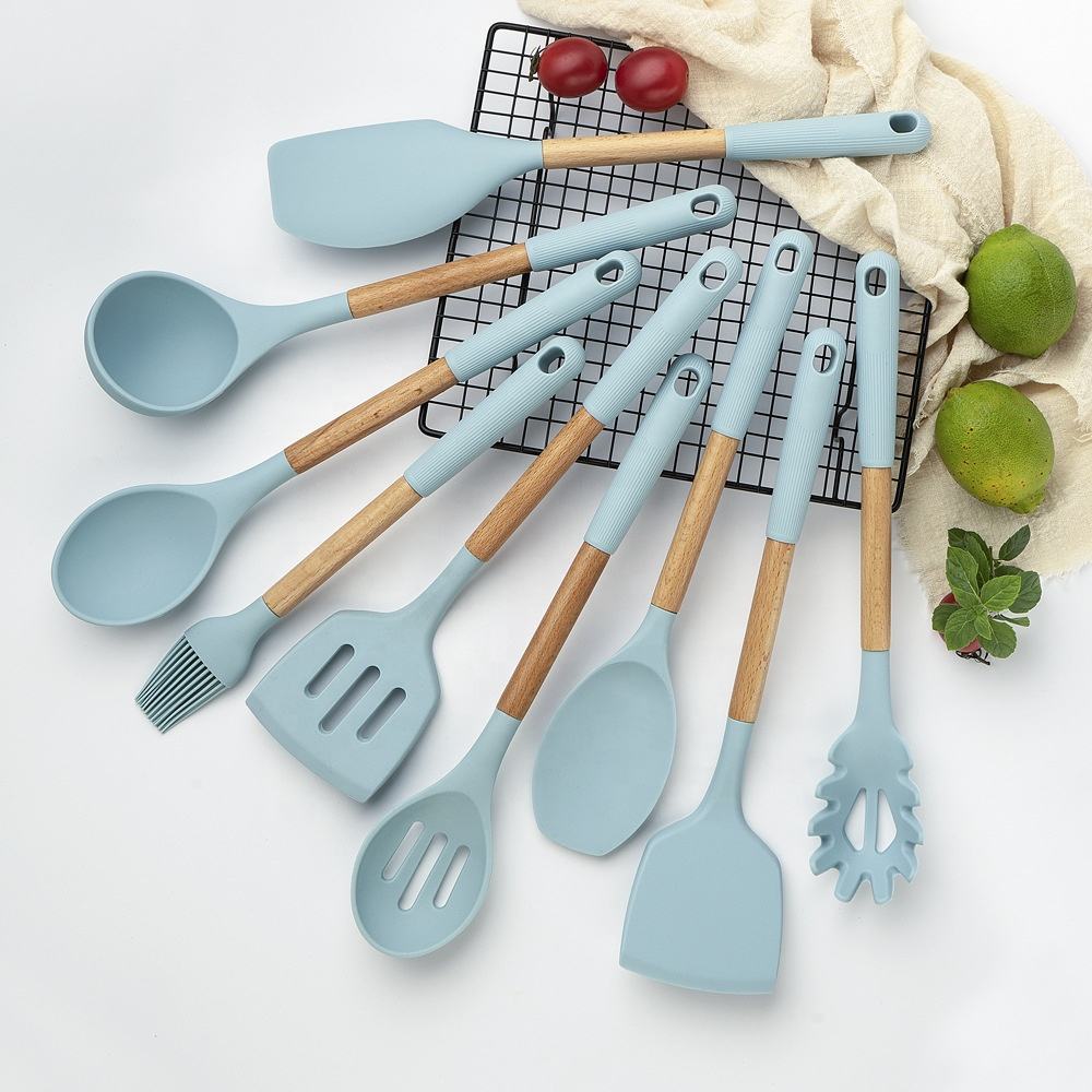 KINGWISE Blue Nordic Kitchen Wares Non Stick Cooking Serving Utensils Set With Wooden Handle