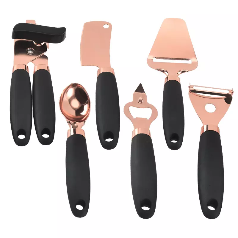 Kingwise Wholesale Kitchen Tabletop 6-Piece Set Stainless Steel Fruit Vegetable Tools Rose Golden Copper-Plated Kitchen Tools