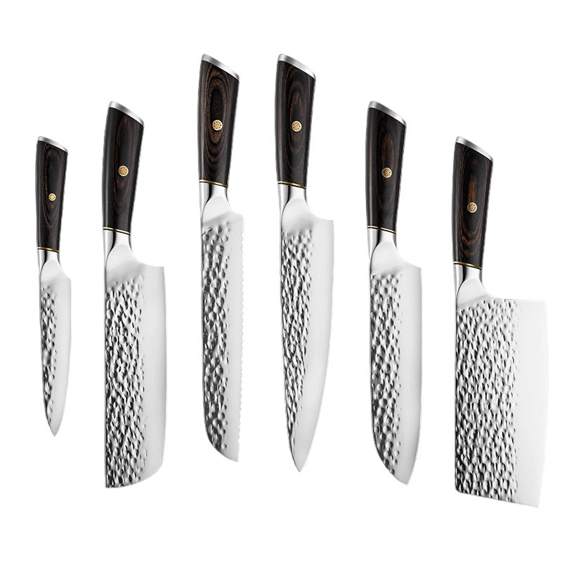 KINGWISE Professional Stainless Steel Kitchen Knife Set 6-Piece Hand Forged Wood Handle Hammer Knives Premium Quality Knife Set