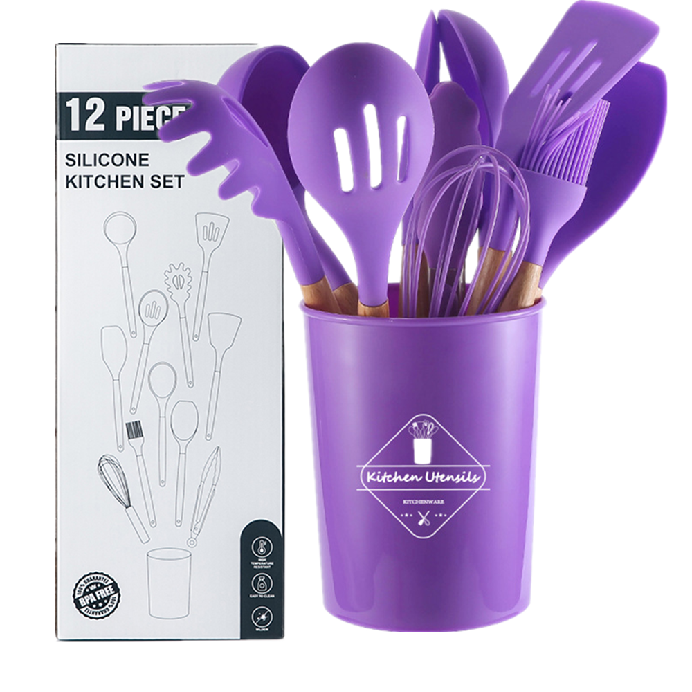 OEM Eco-Friendly 11-Piece Non-Stick Silicone Rubber Cooking Tool Set with Wooden Handles Dishwasher Safe