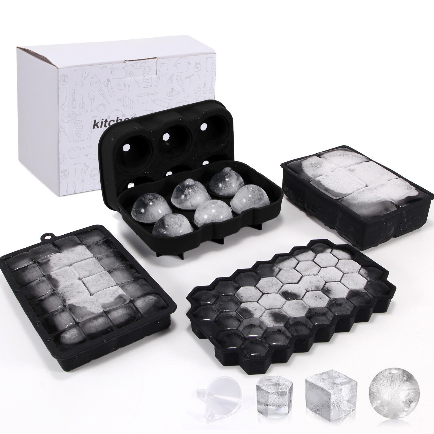Ice Maker BPA-Free Silicone Ice Cube Maker Tray Round and Square Mold Set with Hexagon Whiskey and Beer Usage