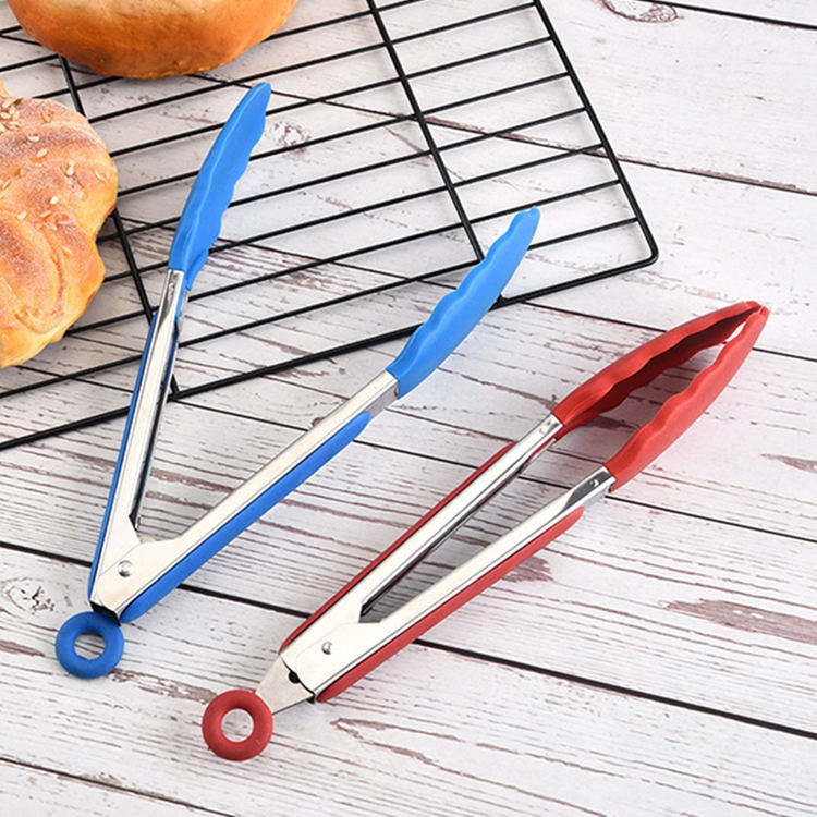 Kingwise 9 Inch Silicone Kitchen Food Tongs Classical 304 Stainless Steel Cooking Utensils Set with Clip Locking Handle