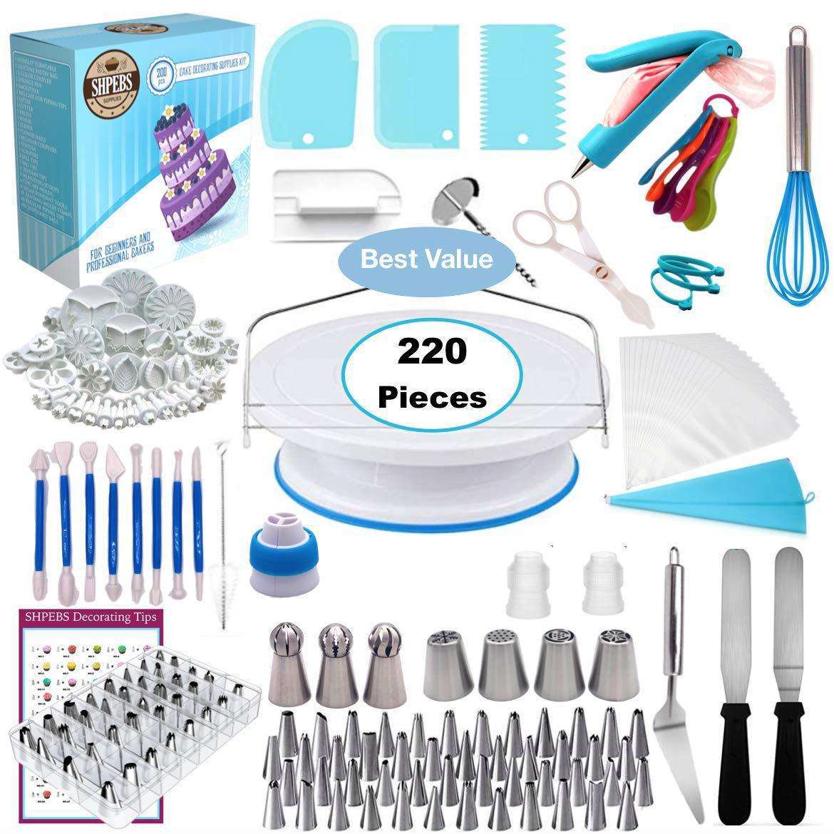 Kingwise 220-Piece Cake Decorating Tools Set Disposable Mouth Converter Bags White Cake Stand with Plastic Cake Smoother
