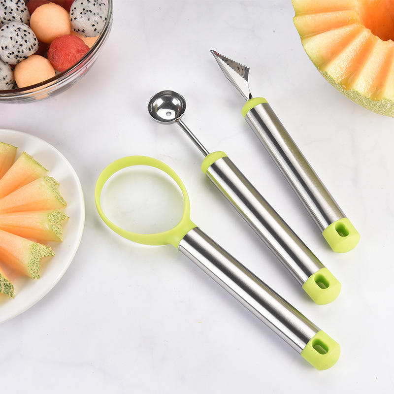 Kitchen Accessories 3-Piece Eco-Friendly Stainless Steel Fruit Vegetable Carving Knife Set Melon Ballers Dig Scoops Safe
