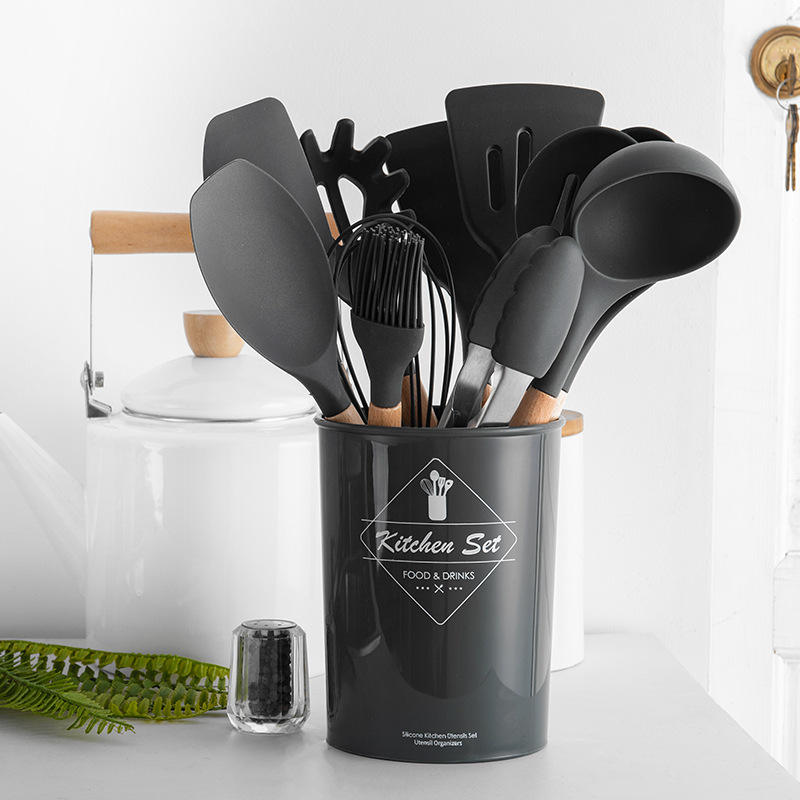 Kingwise Premium 12-Piece Dark Gray Silicone Kitchen Utensils Set with Utensil Holder Dishwasher Safe Home Kitchen Essentials