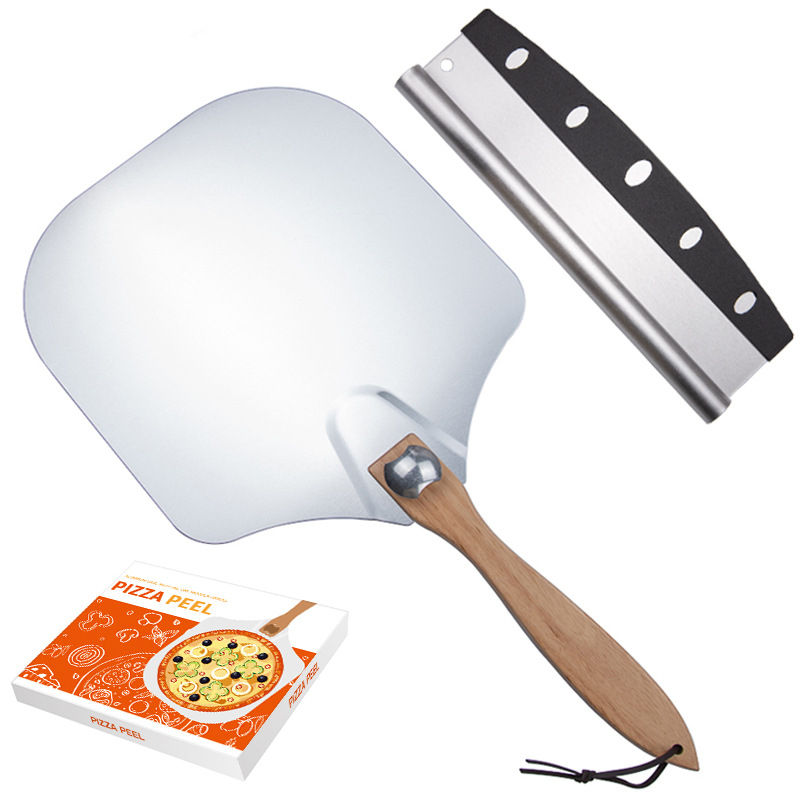 Kingwise 14-Inch Round Aluminum Pizza Peel Set Non-Stick Foldable Steel Turning Shovel with Perforated Wooden Handle Pizza Tools
