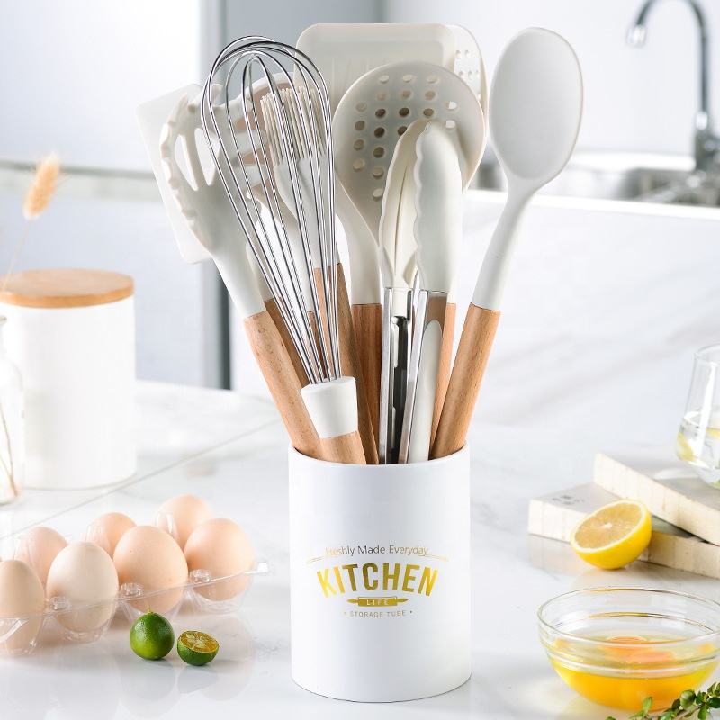 Kingwise 10-Piece Non-Stick Heat Resistant Silicone Rubber Kitchen Utensils Set Dishwasher Safe White Wooden Handles