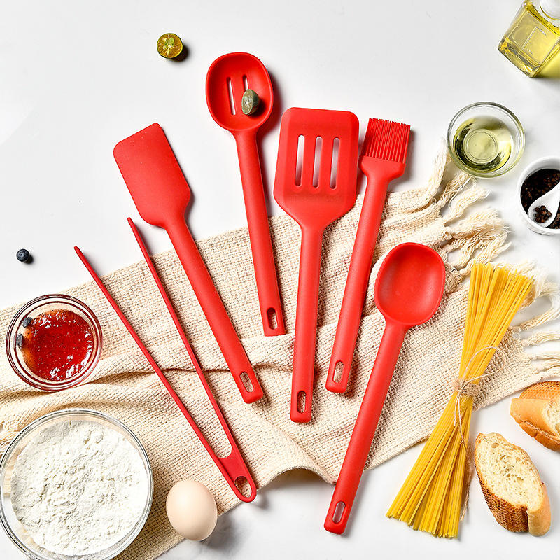 Kingwise 6-Piece Reusable Silicone Kitchen Utensil Set with Plastic Hand Grip Heat Resistant Dishwasher Safe Korean Red Design