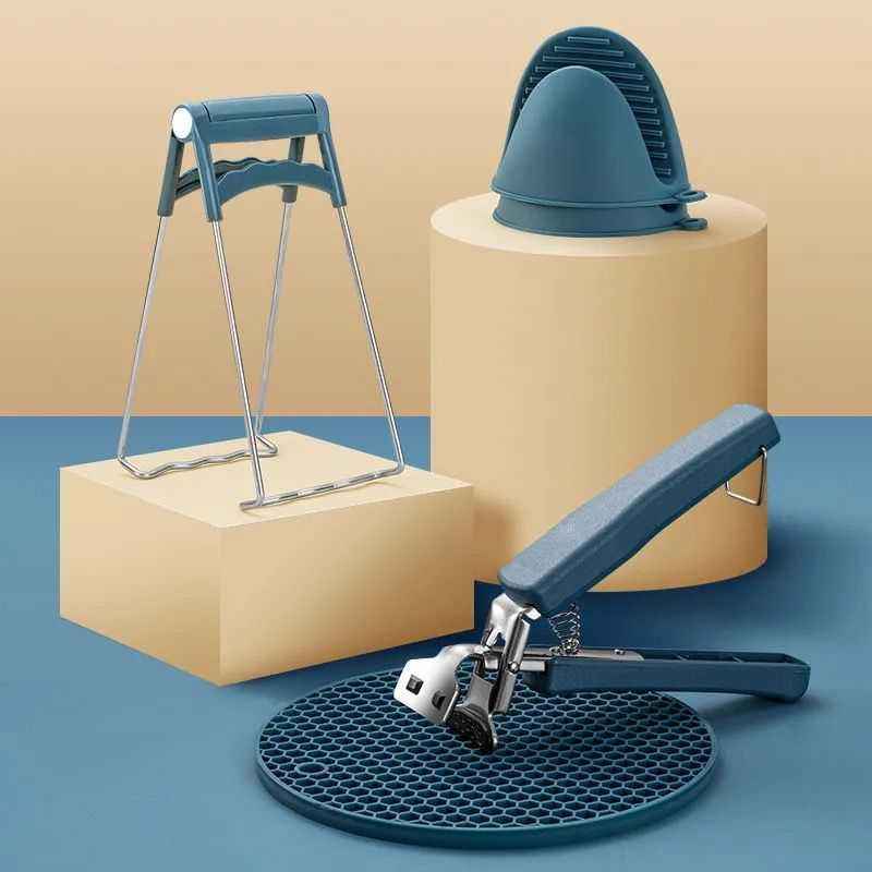 Kingwise Professional Stainless Steel Anti-Scald Gripper Clips Pot Dish Retriever Plates Tongs with Silicone Mitts Silicone Mat