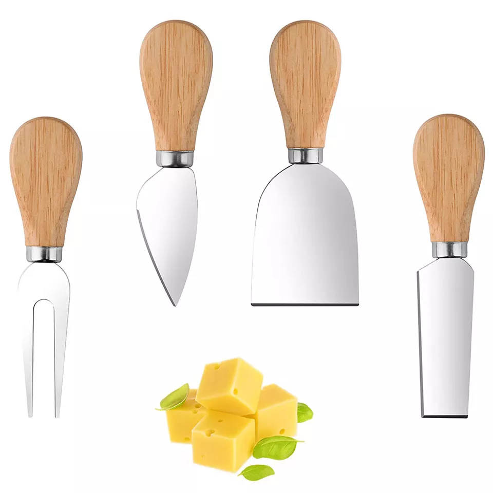 Kingwise Wholesale Stainless Steel Cheese Cutting Slicing Spreading Knife 4 Pieces Set Bamboo Wooden Handle Custom Cheese Knives