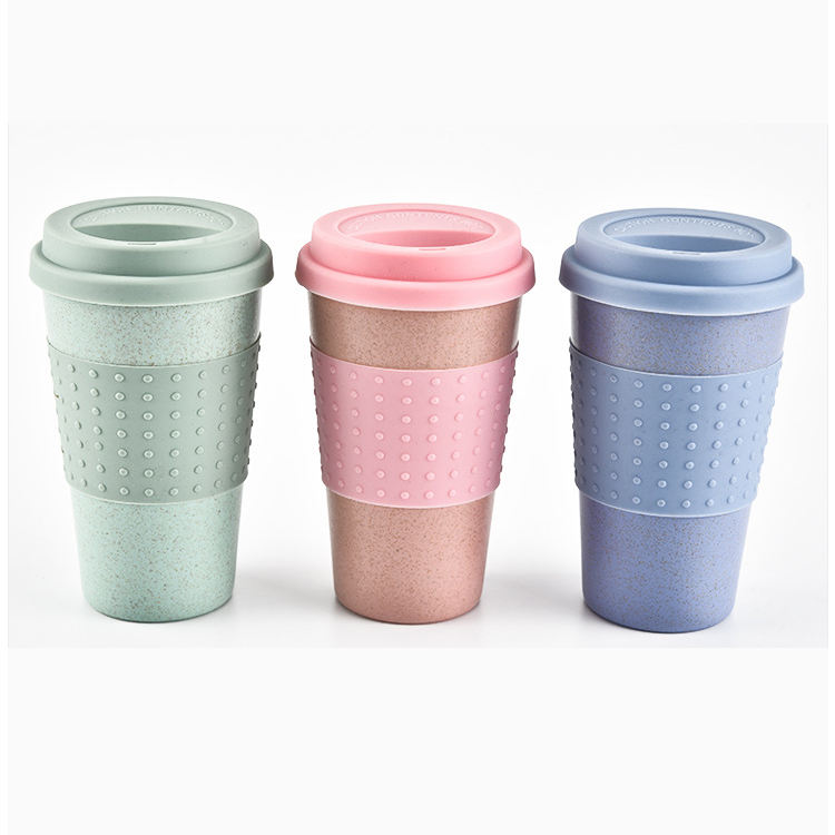 KINGWISE Wholesale European Style Cup Wheat Straw Fiber Water or Coffee Mug with Plastic Lid Portable for Car Use