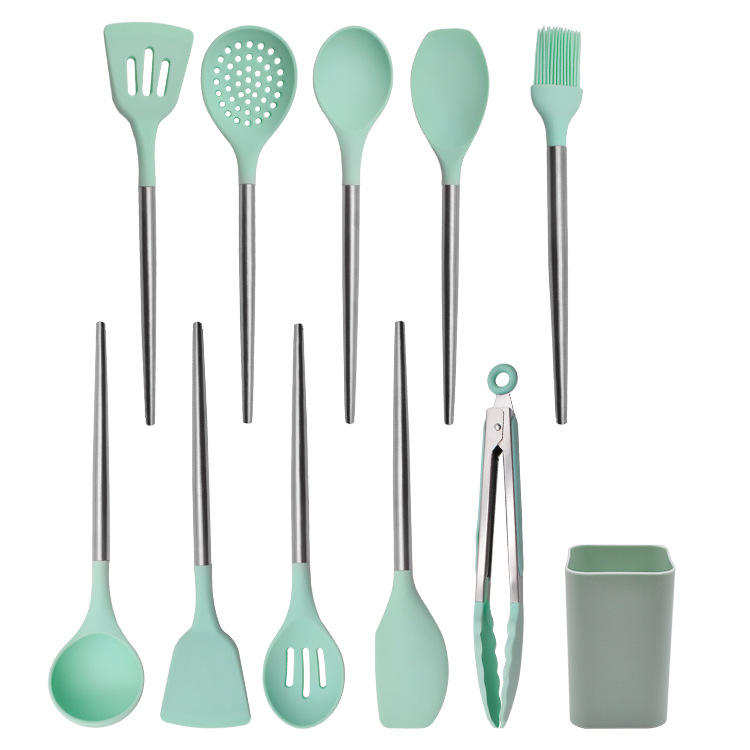 Kingwise 10-Piece Silicone Cooking Turner Tools Stainless Steel Handle New Design Heat Resistant Kitchen Cookware Set Ladle
