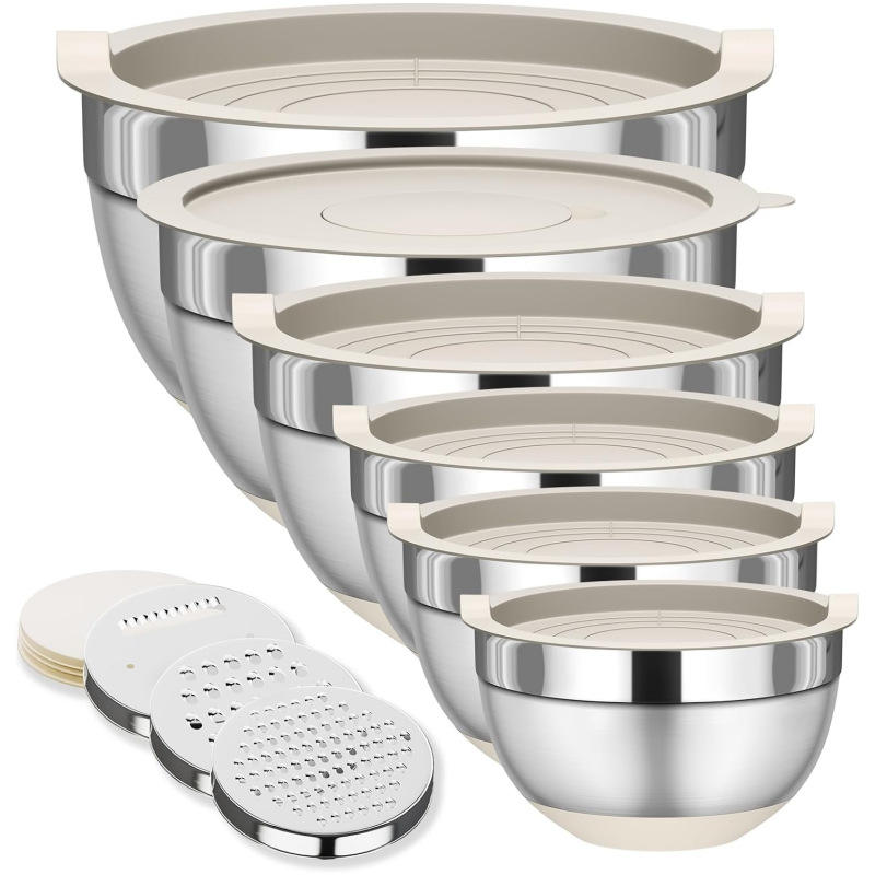 Modern 6-Piece Stainless Steel Salad Bowl Set with Lid and Grater Khaki Kitchen Mixing Bowls Durable Metal Accessories