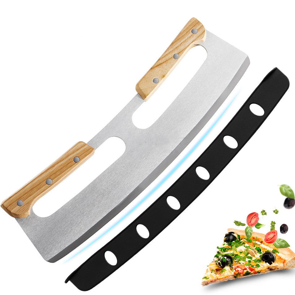 High Quality Custom Kitchen & Tabletop Tools Wood Handle Pizza Cutter Stainless Steel Pizza Rocker Serving Pizza Cutter