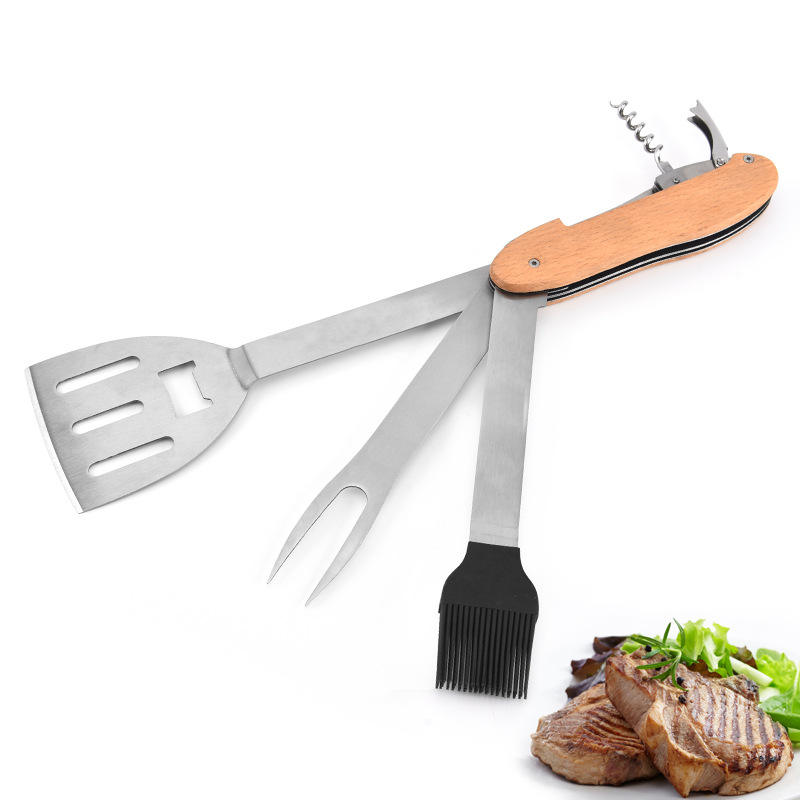 Outdoor Multifunction Barbecue Tools Wood Handle BBQ Utensil Kit  Stainless Steel Foldable Charcoal Grill Turner Brush Fork
